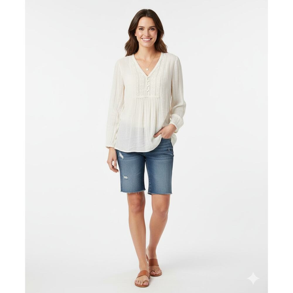 Lucky Brand Ivory Embroidered Pintuck Blouse